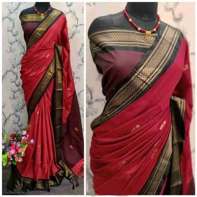 NST5 Self Design, Embellished, Woven Paithani Tissue, Cotton Silk Saree(Red, Black)