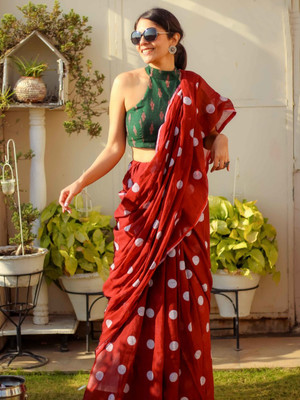revenclaw Digital Print Chanderi Cotton Linen Saree(Red)