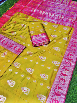 Shampas World Woven Baluchari Silk Blend Saree(Mustard)