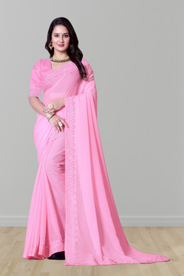 Lajamani Fashion Solid/Plain, Embellished Bollywood Georgette Saree(Pink)