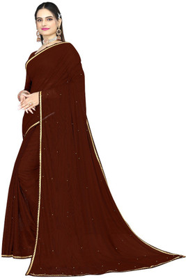 CARRYOX Solid/Plain Assam Silk Chiffon Saree(Brown)