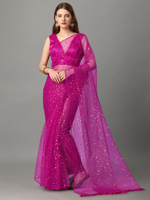 color bucket Polka Print Bollywood Net Saree(Pink)