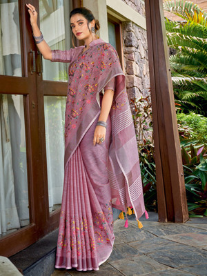 Divastri Embroidered Handloom Linen Saree(Purple)