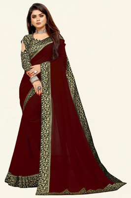 Jevlan Solid/Plain Bollywood Georgette Saree(Maroon)