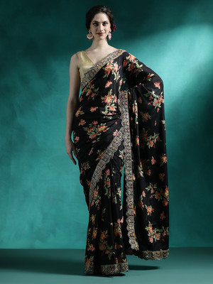 Sangria Embroidered Daily Wear Silk Blend Saree(Black)