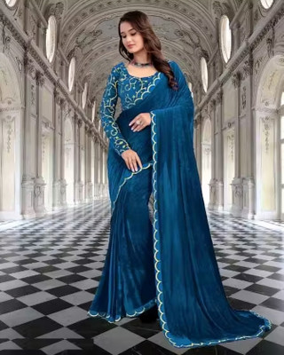 Aika Embroidered Bollywood Velvet Saree(Blue)