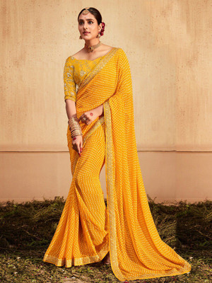 ANOUK Printed Leheria Pure Cotton Saree(Yellow)