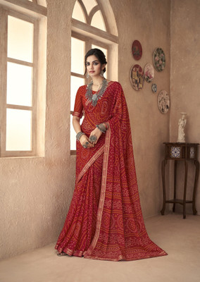 Divastri Floral Print, Geometric Print, Digital Print, Printed Bandhani Chiffon Saree(Red)