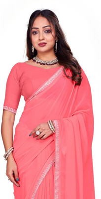 Suhagiya Solid/Plain Palazzo Saree Georgette Saree(Pink)