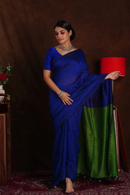 Raees Ethnic Solid/Plain Handloom Cotton Blend Saree(Blue, Green)