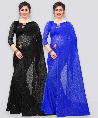 LOROFY Self Design Bollywood Net Saree(Pack of 2, Blue, Black)