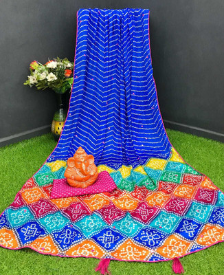 Suali Printed Bandhani Art Silk Saree(Blue)