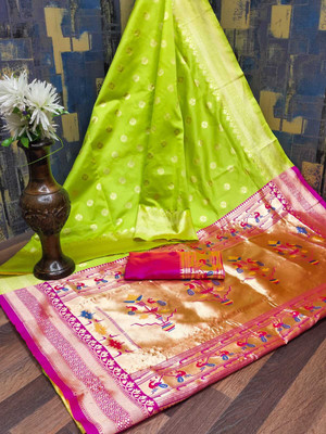 signagraph Woven, Animal Print Paithani Pure Silk Saree(Light Green)