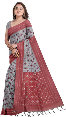 SAPTAK FASHION Printed Sambalpuri Pure Cotton Saree(Grey, Red)