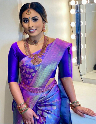 Varda Woven, Geometric Print Daily Wear Art Silk Saree(Purple)
