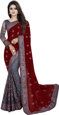 b bella creation Embroidered Bollywood Net, Art Silk Saree(Maroon, Grey)