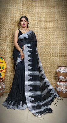 Lakshmi Boutique Temple Border Handloom Cotton Blend Saree(Black, White)