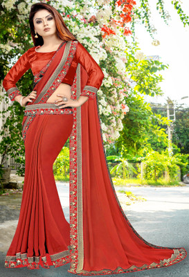 HNC Retail Temple Border, Solid/Plain Bollywood Lycra Blend, Chiffon Saree(Red, Orange)