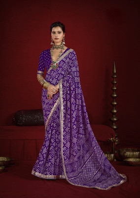 Stylum Printed Bandhani Silk Blend Saree(Purple)