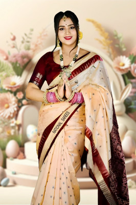 NationalSaree Temple Border Sambalpuri Art Silk Saree(Beige)