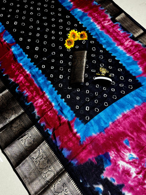 Anuradha Enterprise Embellished, Woven, Color Block Bandhani Silk Blend Saree(Black)