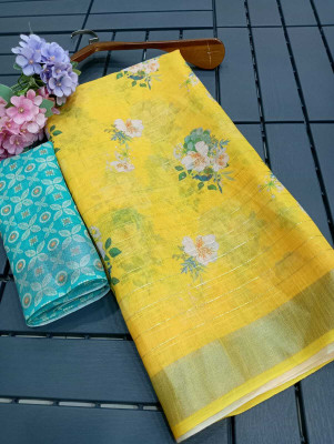 Kuwarika Embellished Bollywood Linen, Cotton Linen Saree(Yellow)