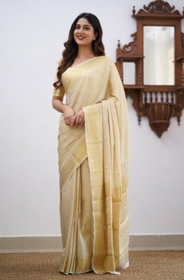 Anjaneya Sarees Woven Banarasi Silk Blend Saree(Beige)