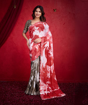 RekhaManiyar Printed Bollywood Chiffon Saree(Red)