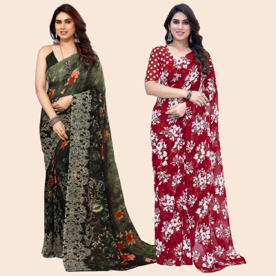 Anand Sarees Printed Daily Wear Georgette Saree(Pack of 2, Green, Red)