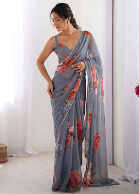 Hensi sarees shop Printed, Solid/Plain KHASI DHARA CONTRAST Georgette, Art Silk Saree(Grey)