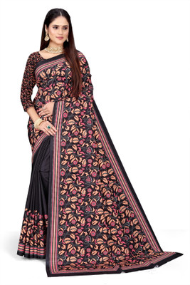 Pemal Designer Digital Print Bollywood Crepe Saree(Black)