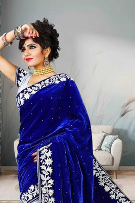 GUNHILD Self Design Banarasi Velvet Saree(Blue)