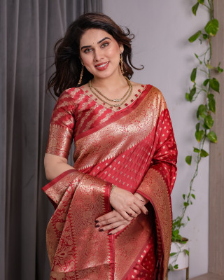 KB TEX Woven, Self Design Kanjivaram Pure Silk Saree(Red)
