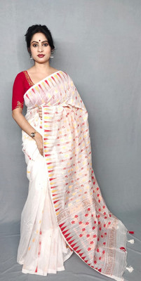 Rabi Saree and Textile center Solid/Plain Handloom Cotton Silk Saree(White)
