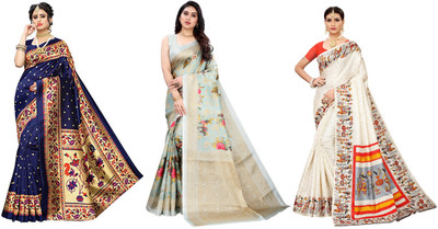 YASHIKA Woven Bhagalpuri Art Silk Saree(Pack of 3, Dark Blue, Light Blue, Cream)