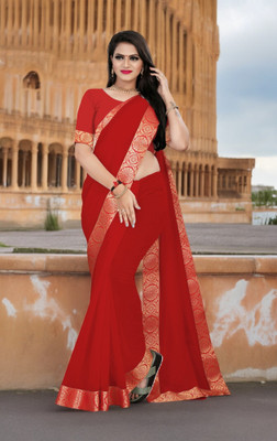 Volmina Solid/Plain Chanderi Cotton Blend Saree(Red)