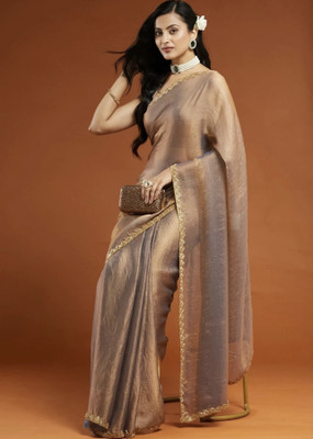 MSC TRENDLINE SAREES Solid/Plain, Self Design Bollywood Chiffon Saree(Beige, Gold)