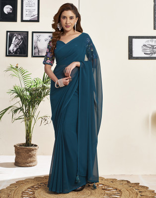all about you Dyed, Solid/Plain Bollywood Georgette Saree(Light Blue)
