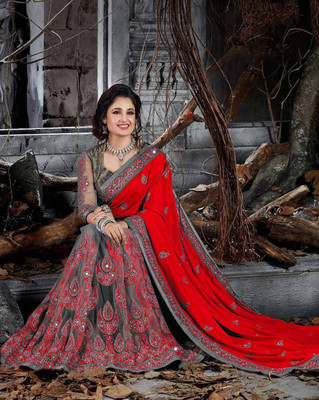 b bella creation Embellished Bollywood Net Saree(Red)
