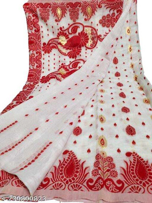 Kanokanjoli Woven Jamdani Handloom Cotton Blend Saree(White, Red)