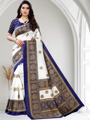 Grubstaker Printed Banarasi Tussar Silk Saree(Blue)