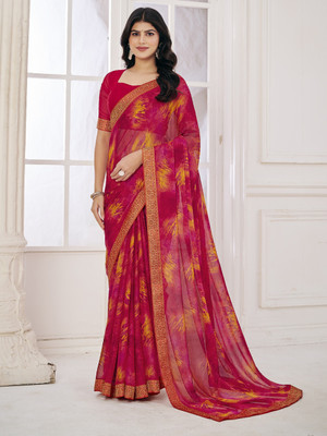 Divastri Floral Print Bollywood Chiffon Saree(Pink, Red)