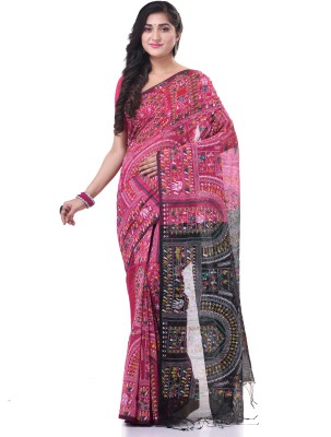 Desh Bidesh Printed Handloom Cotton Blend Saree(Pink, Blue)