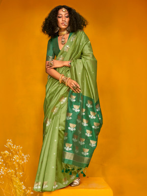 Sareemall Woven Jamdani Tussar Silk Saree(Light Green)