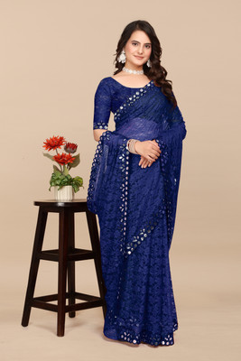 love creation Self Design Bollywood Net Saree(Dark Blue)