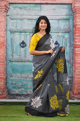 Kiaaron Self Design Ikkat Pure Cotton Saree(Grey)