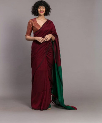 DHRITI Solid/Plain Handloom Cotton Blend Saree(Maroon)