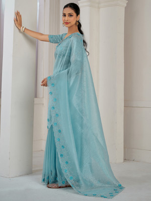 Sareemall Embellished Bollywood Organza Saree(Light Blue)