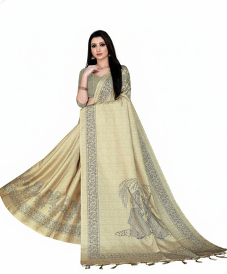 ShivMaya Floral Print Daily Wear Tussar Silk Saree(Cream, Black)