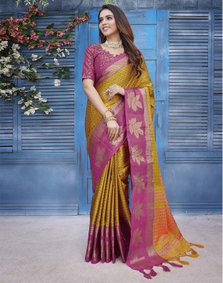 Satrani Woven, Embellished, Self Design Banarasi Cotton Silk Saree(Yellow, Orange, Pink)
